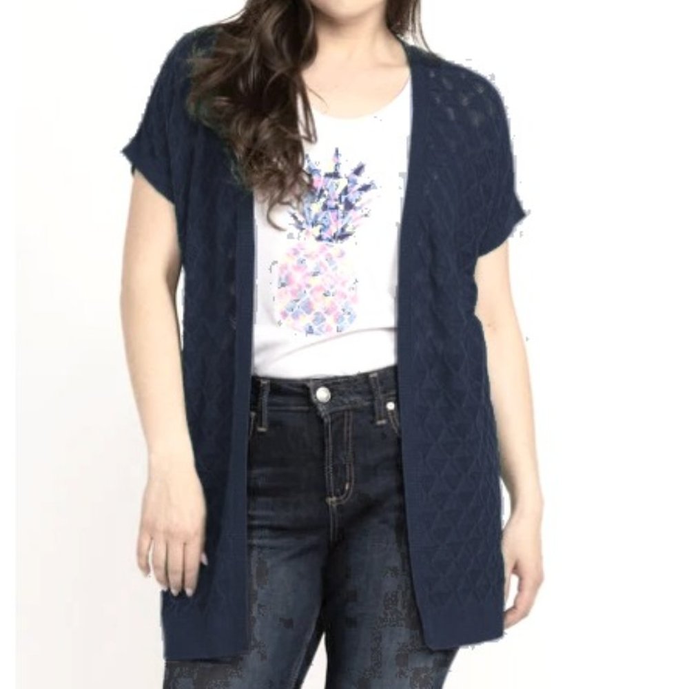 VTG Y2K Indie Sleeze Point Zero Blue Pointelle Knit Cap Sleeve Open Cardigan L